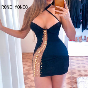 Halter Sheer Rhinestone Dress