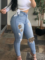 Load image into Gallery viewer, Leopard Patchwork Ripped Jeans
