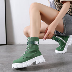Chunky Heels Canvas Boots