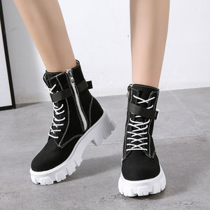 Chunky Heels Canvas Boots
