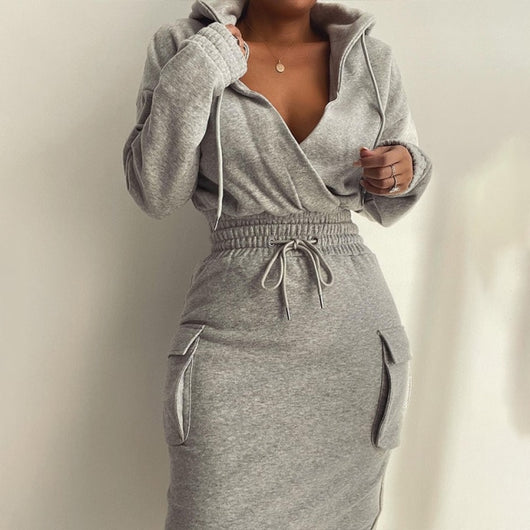 Long Sleeve Drawstring Hooded Dress