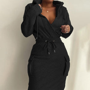 Long Sleeve Drawstring Hooded Dress