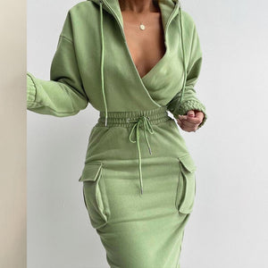 Long Sleeve Drawstring Hooded Dress