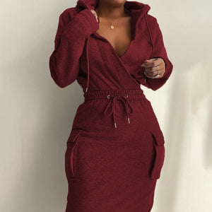 Long Sleeve Drawstring Hooded Dress