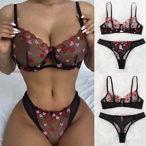 Lace Heart Embroidered Lingerie Set