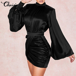 Lantern Sleeve Satin Dress