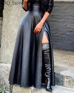 Faux Leather Side Slit Skirt